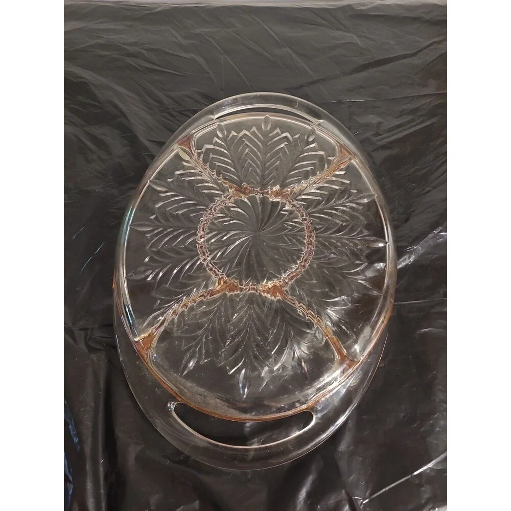 Unmarked Pressed Glass Oval Serving Tray w/ Handles, Clear Gold Trim Floral